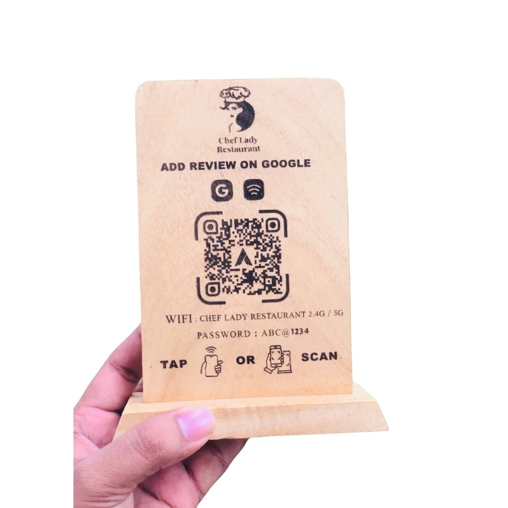 Google Review Wooden Stand — light golden oak