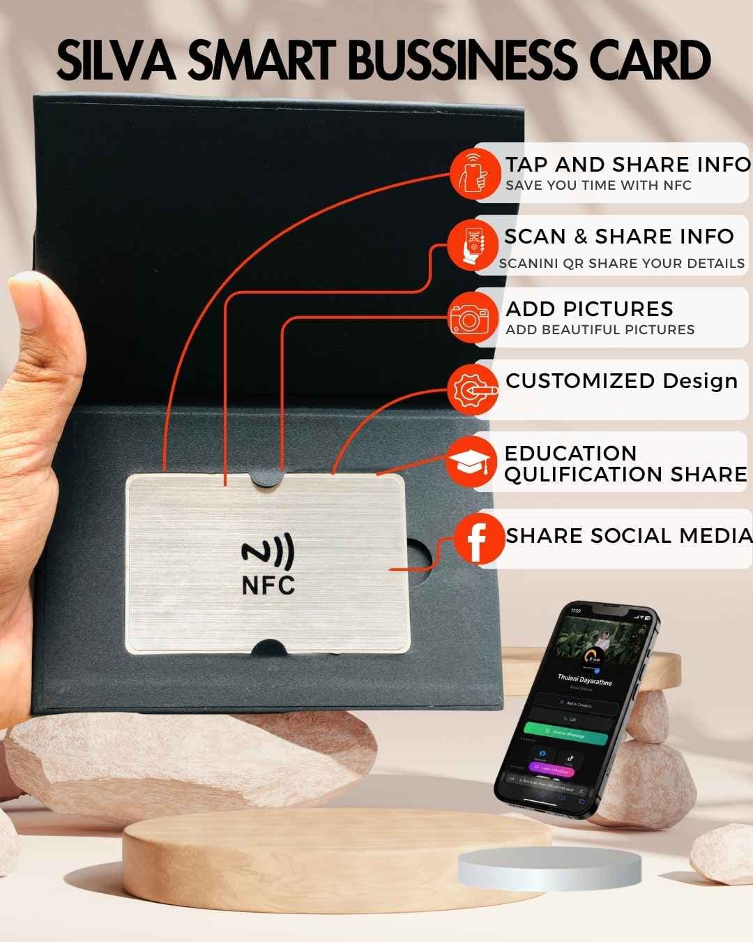 Leave a sleek, modern impression with a premium silver smart business card.